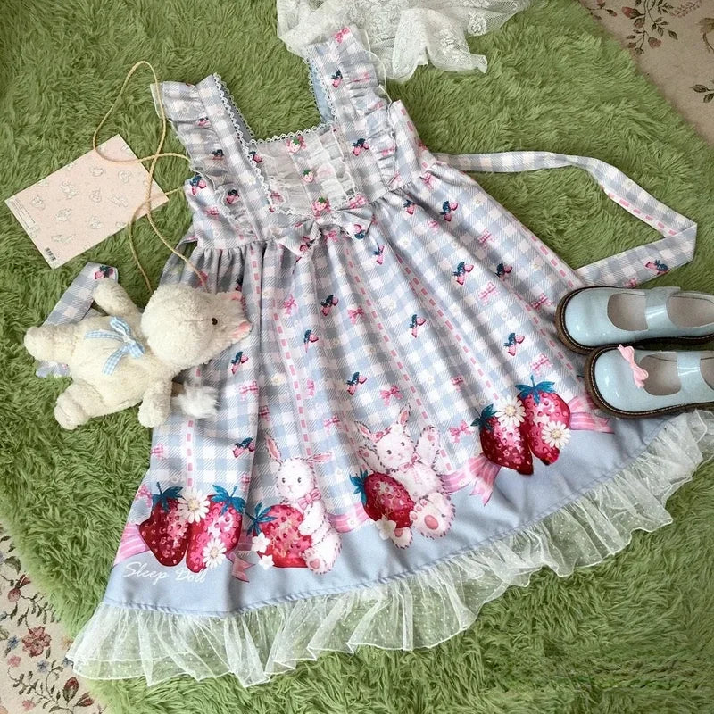 KOSAHIKI Japanese Lolita Dress Girls Strawberry Bunny Jsk Dresses Women Harajuku Sleeveless Cute 2025 Cosplay Vestido