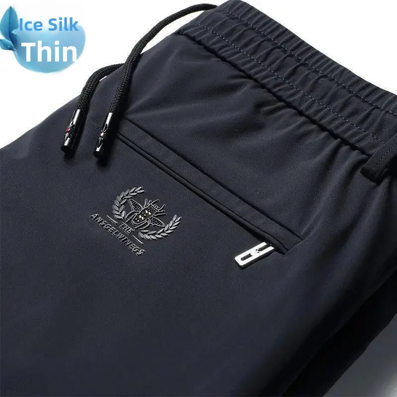 Summer Thin Men's Pants Non-stickable High Elasticity Straight-leg Pants Ice Silk Middle-aged Sweatpants