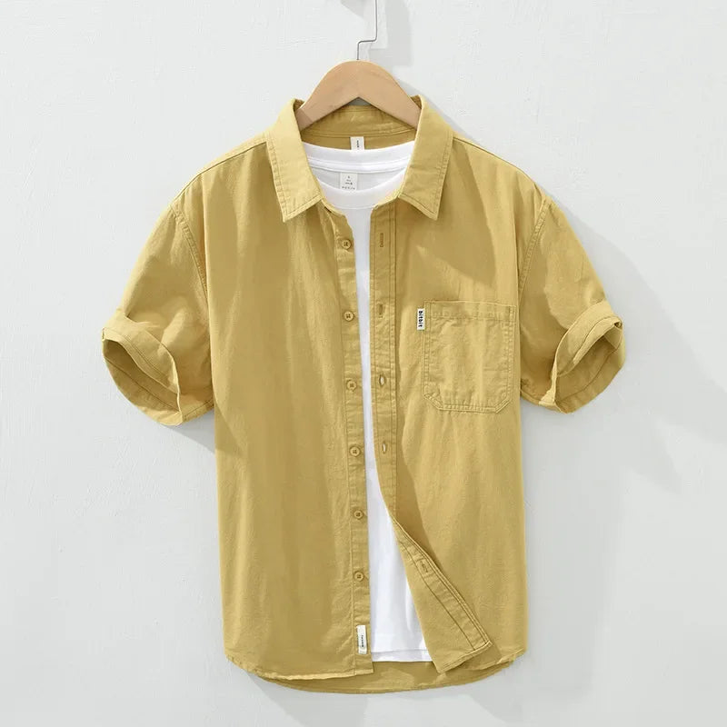 100% Cotton Solid Color Men's Summer Lightweight Short Sleeve Shirt, Business Casual Daily Shirt 2024 Loose Casual Jacket