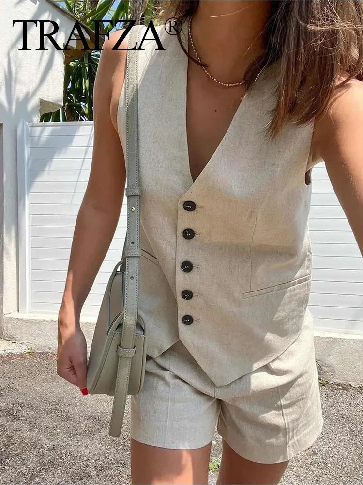 TRAFZA Women Elegant Solid Waistcoat Pant Sets Single Breasted V Neck Vest Top + High Waist Slim Shorts Lady Office Wear Suits