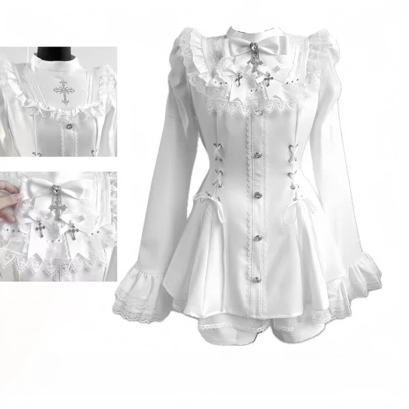 Japanese Gothic Lolita Dress Set Women Harajuku Y2k Bow Lace Ruffles Collar Mini Dresses Female Elegant Party Cute Dress