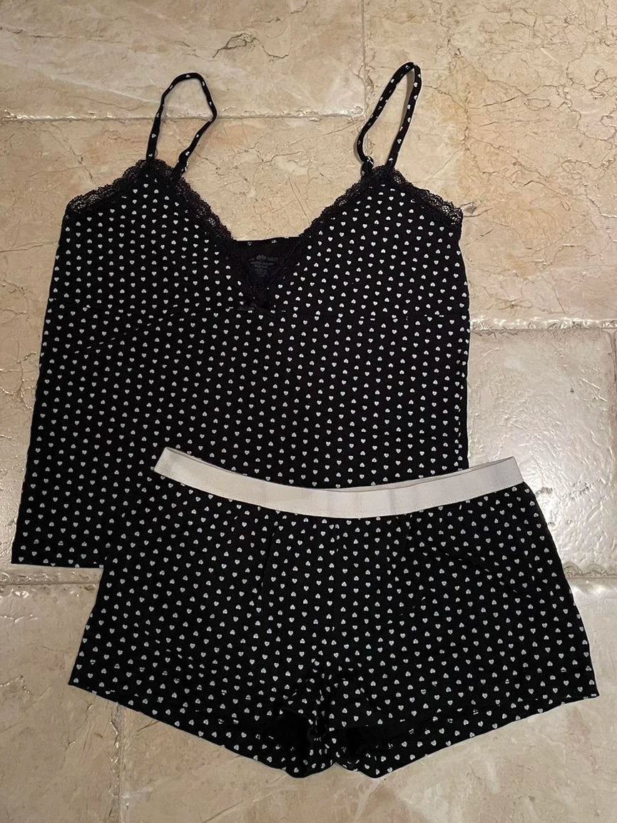 Strawberry Vest Shorts 2 Pieces Set Woman Eyelet Bow Slim Tank Top with Elastic Waist Patchwork Straight Short Pant Sweet Sets