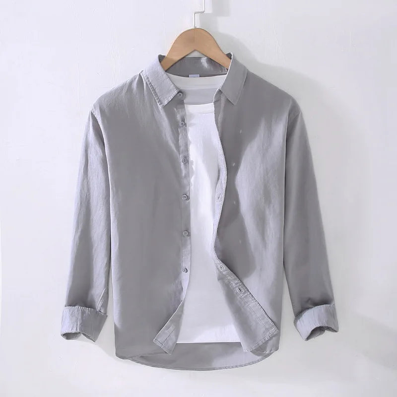 Camping Spring Summer New Linen White Long-Sleeved Shirt, Men's Cotton&Linen Shirt, Business Casual, Comfortable Loose Blouson