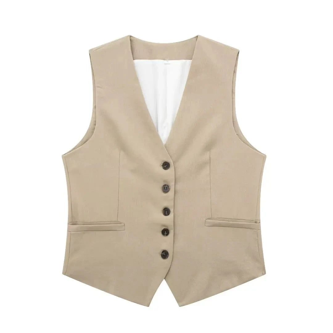TRAFZA Women Elegant Solid Waistcoat Pant Sets Single Breasted V Neck Vest Top + High Waist Slim Shorts Lady Office Wear Suits