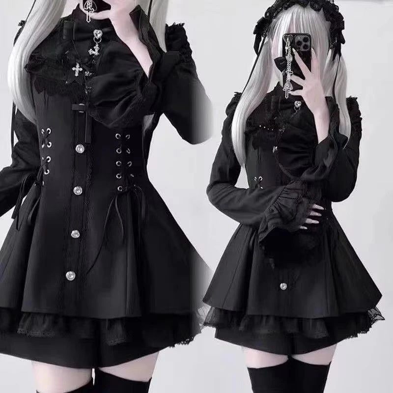 Japanese Gothic Lolita Dress Set Women Harajuku Y2k Bow Lace Ruffles Collar Mini Dresses Female Elegant Party Cute Dress