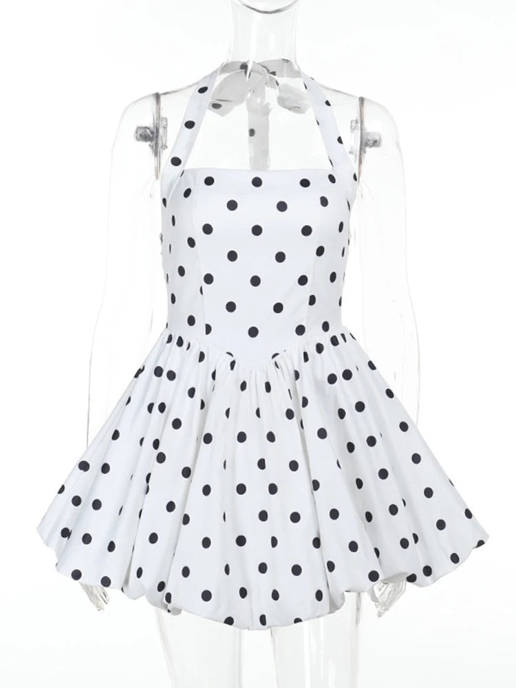 TARUXY Polka Dot Vacation Mini Dress For Women High Waist A-line Ball Gown Dress Sleeveless Halter Neck Female Summer Fashion