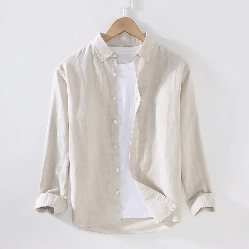 Camping Spring Summer New Linen White Long-Sleeved Shirt, Men's Cotton&Linen Shirt, Business Casual, Comfortable Loose Blouson