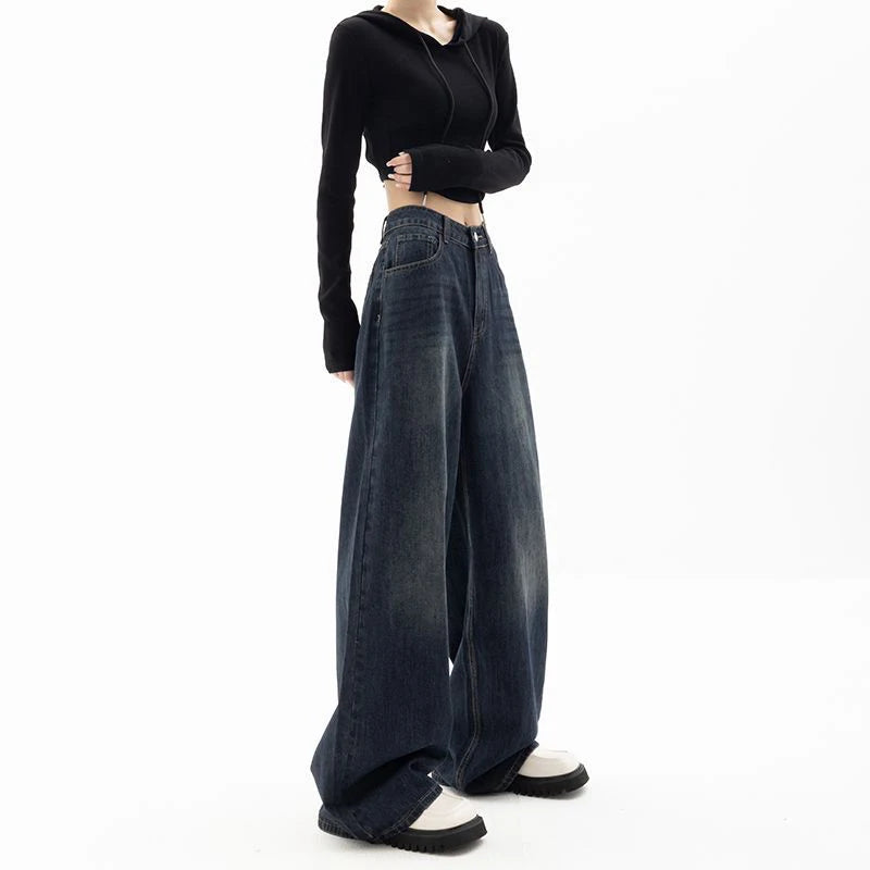 Retro Street Style Wide Leg Pants Niche Design Floor Length Pants High Waisted Loose Fit Slimming Jeans For Women