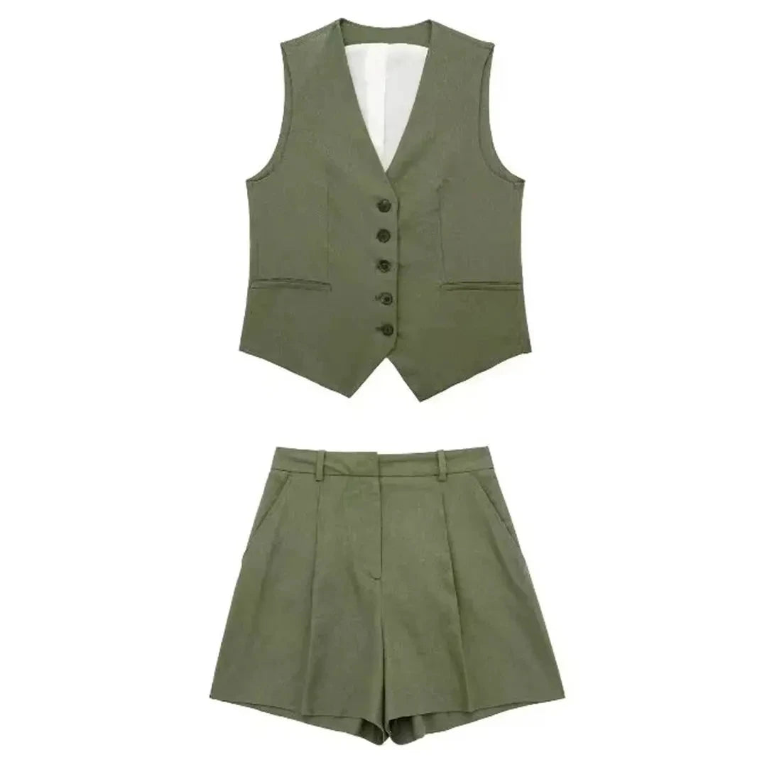 TRAFZA Women Elegant Solid Waistcoat Pant Sets Single Breasted V Neck Vest Top + High Waist Slim Shorts Lady Office Wear Suits