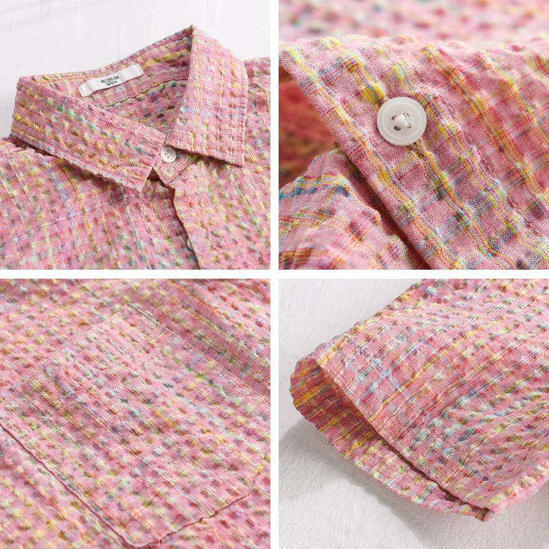 2025 Summer New Casual Checkered Bubble Yarn Short Sleeve Shirt for Men Slim Casual Turn-down Collar Classic Shirt FY740