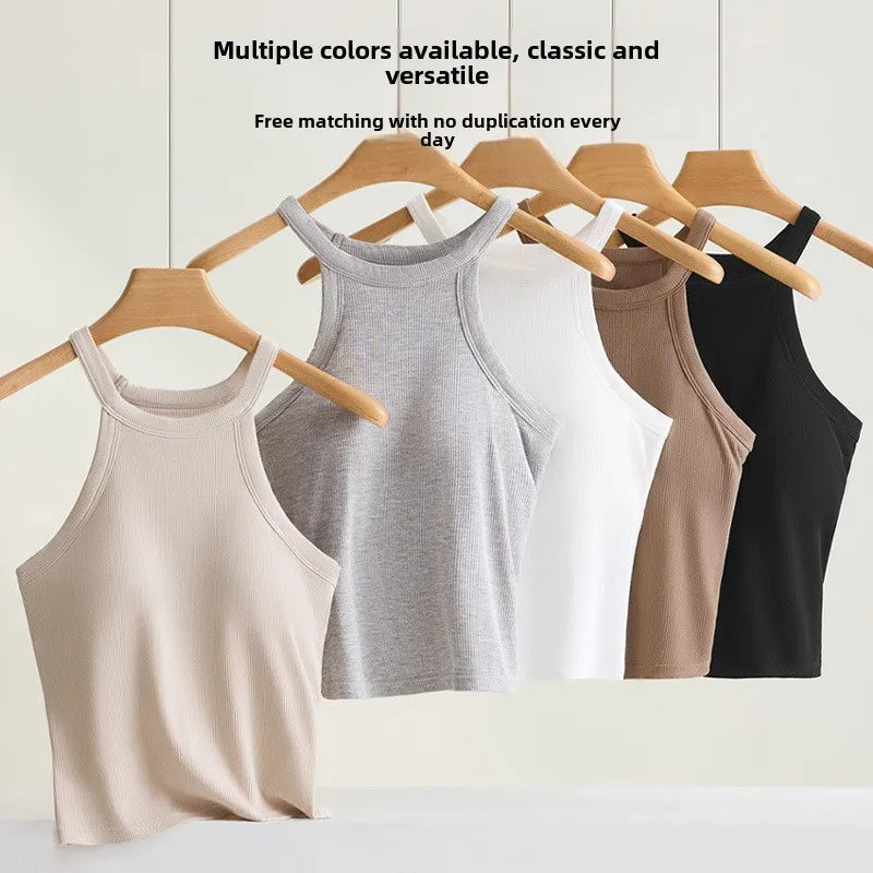 Threaded Halter Neck Camisole Top With Build-in Bra High Elastic Slim-fitting Sling Fixed Cup Breathable Women Underwear