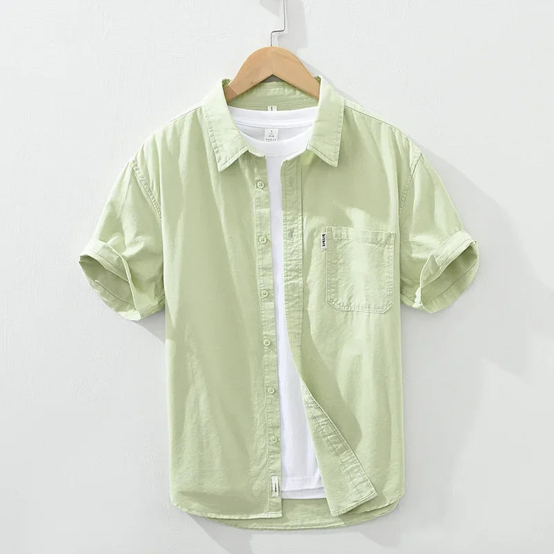 100% Cotton Solid Color Men's Summer Lightweight Short Sleeve Shirt, Business Casual Daily Shirt 2024 Loose Casual Jacket