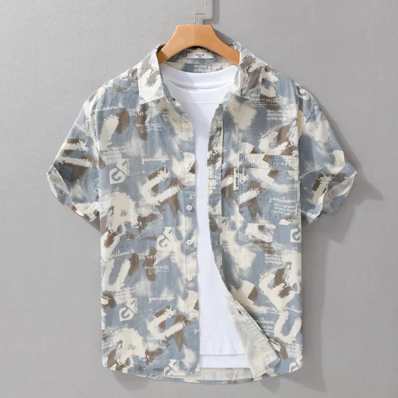 Summer New Beach Printed Pure Cotton Short Sleeve Shirts Men Clothing Casual Simple Thin Soft Streetwear FY545