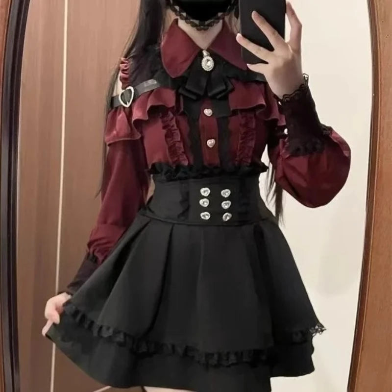 Japanese Gothic Lolita Dress Set Women Harajuku Y2k Bow Lace Ruffles Collar Mini Dresses Female Elegant Party Cute Dress