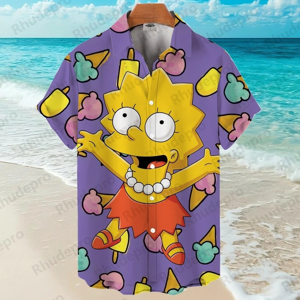 Disney The Simpsons family Anime Summer New Streetwear Men Lapel Short Sleeve Hawaiian shirt Harajuku Style Fashion Casual Slim