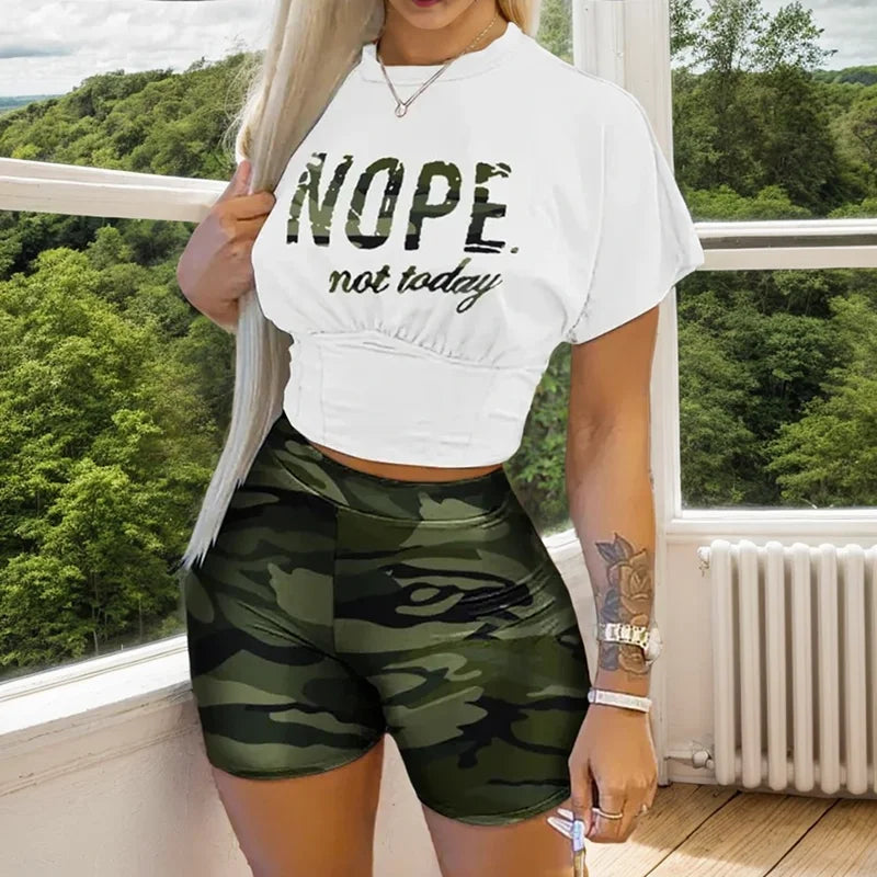 Two Piece Set Women Letter Print Short Sleeve Crop Corset T-shirt & Ladies High Waist Shorts Set Pants Outfits Plus Size