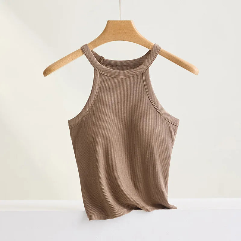 Threaded Halter Neck Camisole Top With Build-in Bra High Elastic Slim-fitting Sling Fixed Cup Breathable Women Underwear