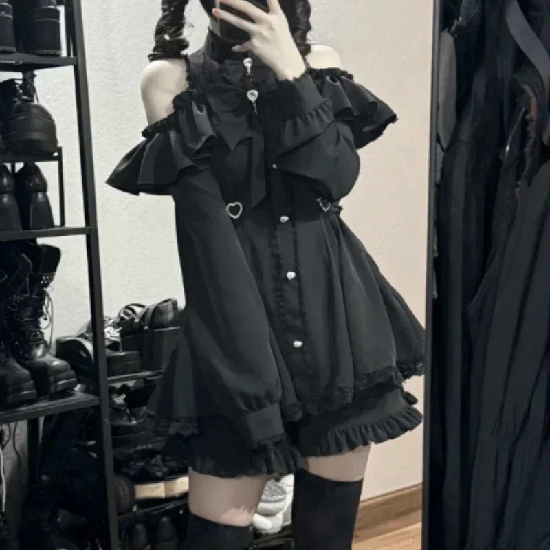 Japanese Gothic Lolita Dress Set Women Harajuku Y2k Bow Lace Ruffles Collar Mini Dresses Female Elegant Party Cute Dress