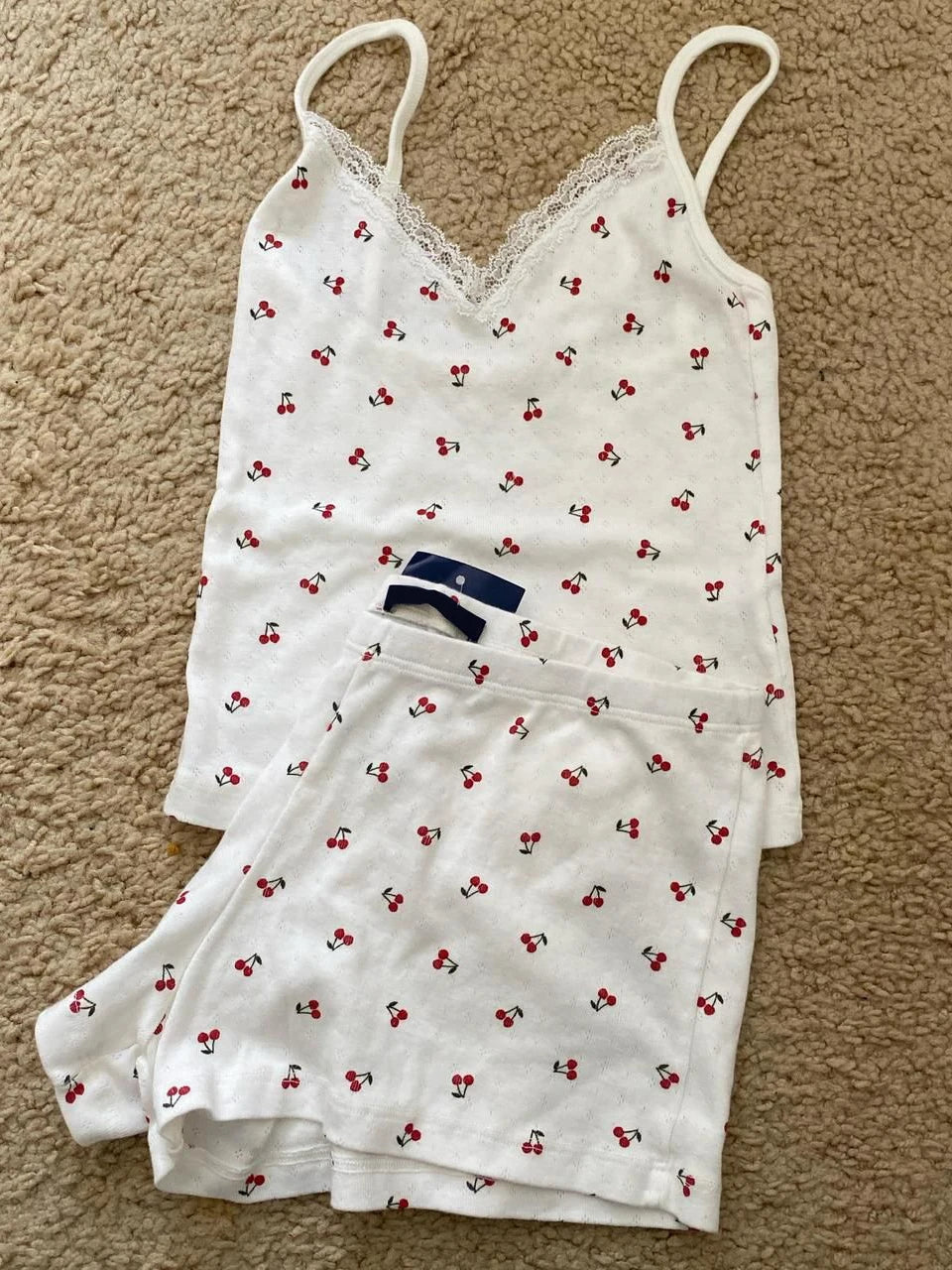 Strawberry Vest Shorts 2 Pieces Set Woman Eyelet Bow Slim Tank Top with Elastic Waist Patchwork Straight Short Pant Sweet Sets