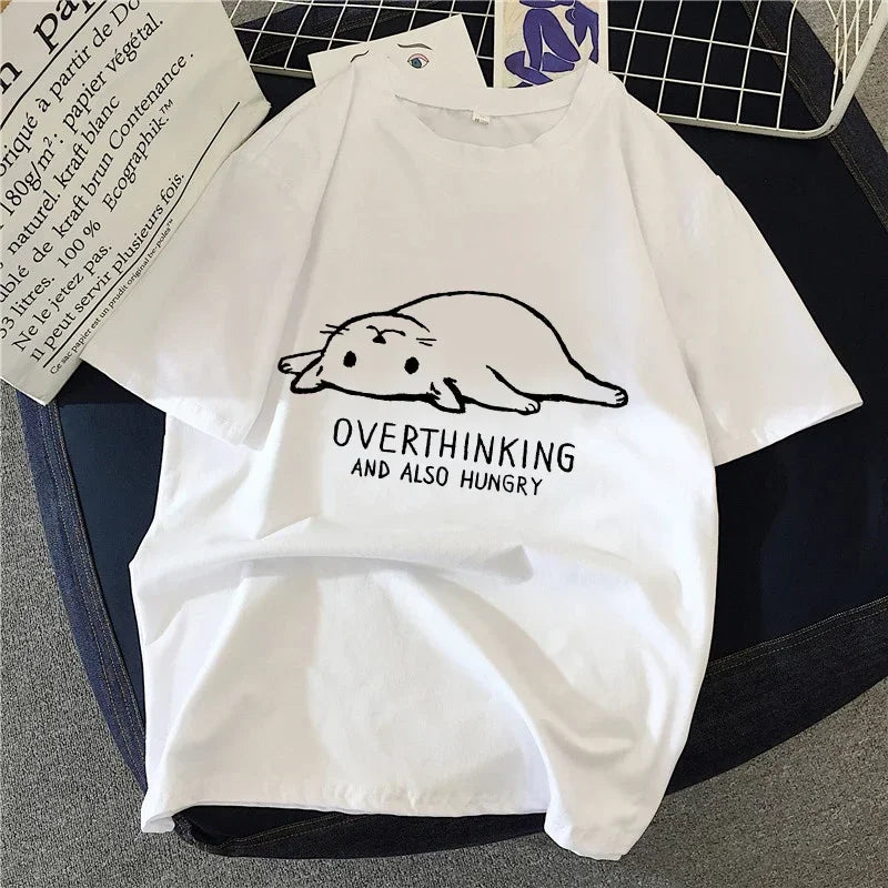 90s Graphic Rock Top Tees Female Simple Brush Drawing Cat T Shirt Harajuku Vintage T-shirt Fashion Queen Women's T Shirt