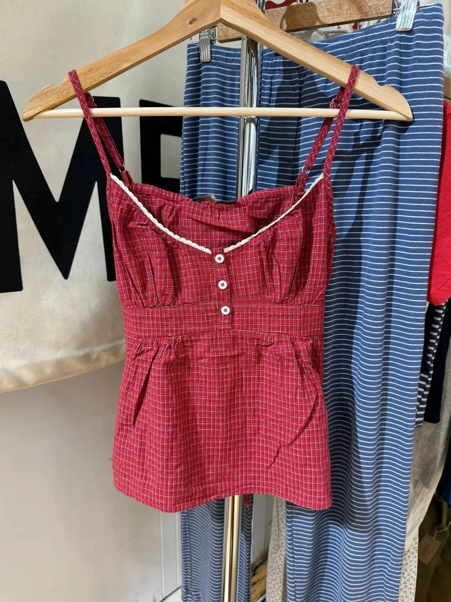 Red Plaid Buttons Tank Shorts Set Woman Back Lace-up Lace Trim Slim Camis+Elastic Waist Sweatshorts Sweet Cotton 2 Piece Sets