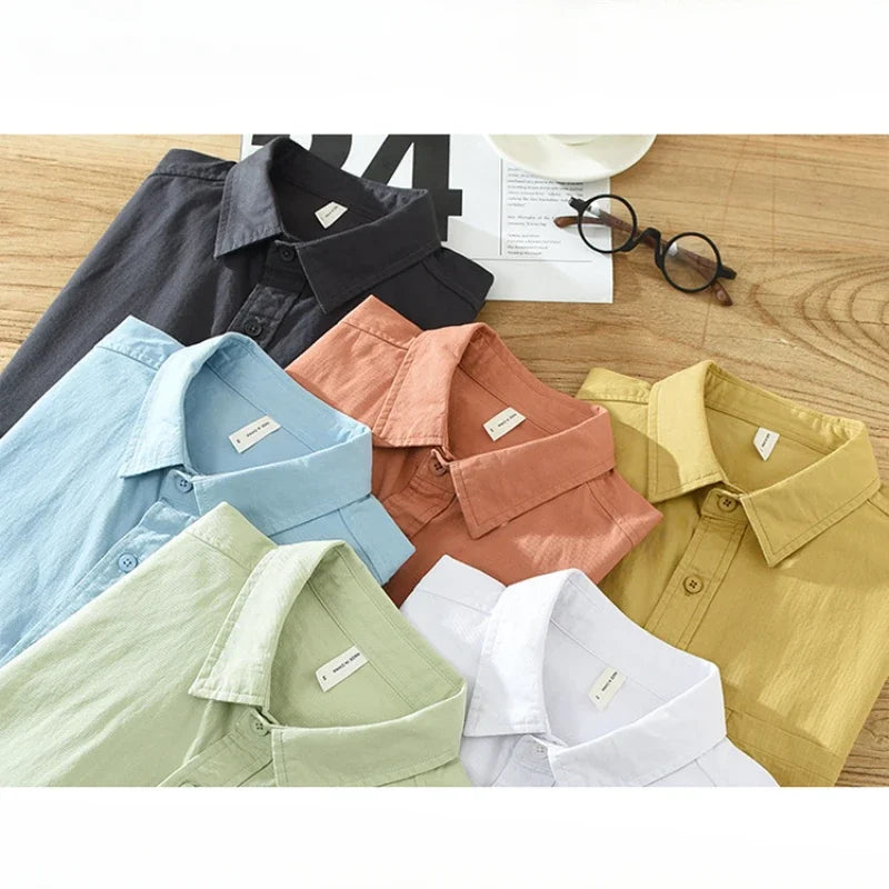 100% Cotton Solid Color Men's Summer Lightweight Short Sleeve Shirt, Business Casual Daily Shirt 2024 Loose Casual Jacket