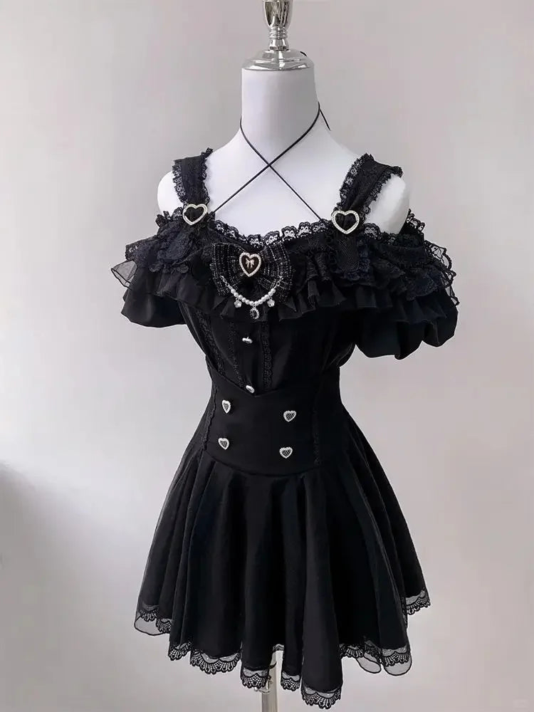 Japanese Gothic Lolita Dress Set Women Harajuku Y2k Bow Lace Ruffles Collar Mini Dresses Female Elegant Party Cute Dress