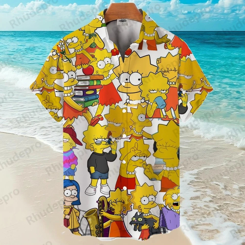 Disney The Simpsons family Anime Summer New Streetwear Men Lapel Short Sleeve Hawaiian shirt Harajuku Style Fashion Casual Slim