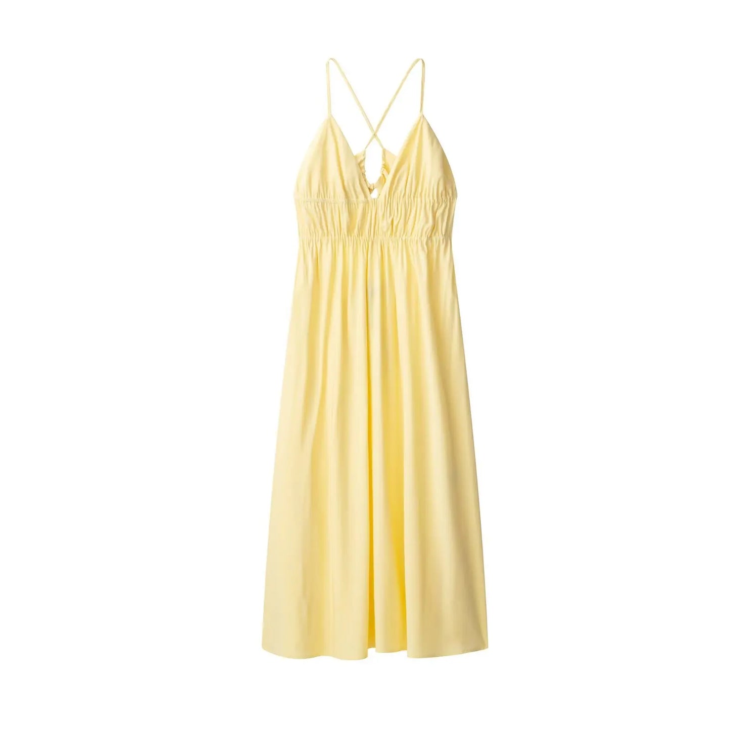 PB&ZA2025 New Women's Casual Fashion Temperament Pleated Drape Backless Midi Sling V-neck Dress Long Skirt