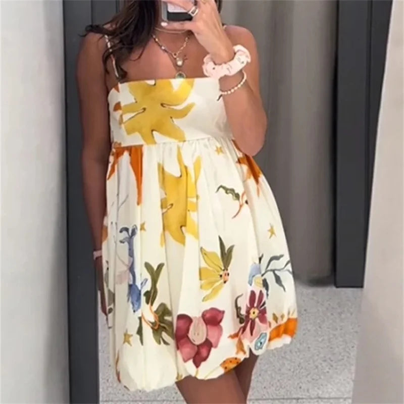 MUJER Print Slip Mini Dress Women Sleeveless Summer Dress Woman 2025 Ruched Sundress Vestidos Backless Short Dresses for Women