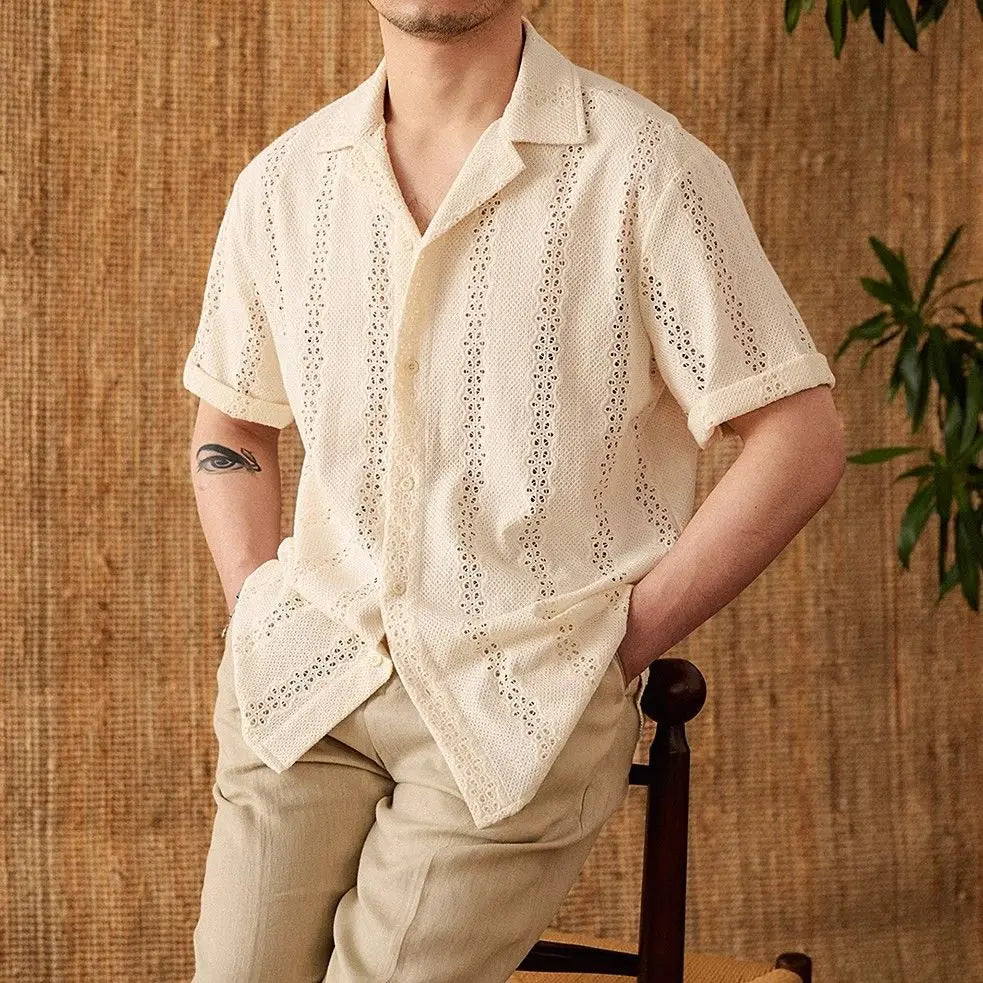 Summer Thin Jacket Short-sleeved Shirt Gentleman's Outfit Light Mature Hollow Versatile Vacation Cuban Collar Casual Shirt Men