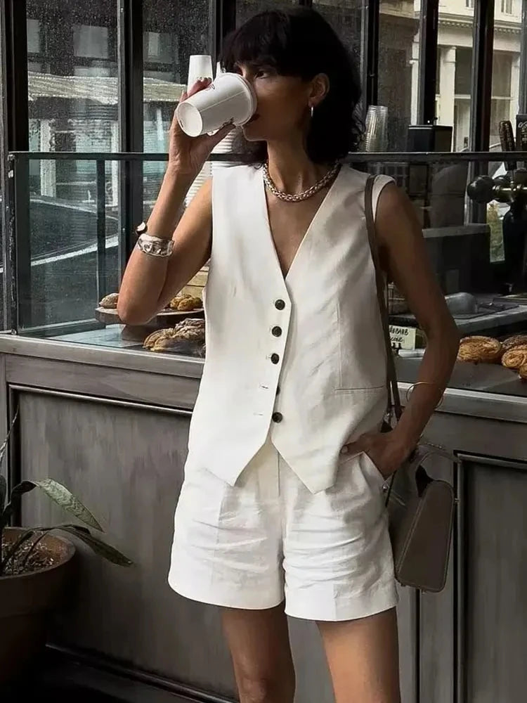TRAFZA Women Elegant Solid Waistcoat Pant Sets Single Breasted V Neck Vest Top + High Waist Slim Shorts Lady Office Wear Suits