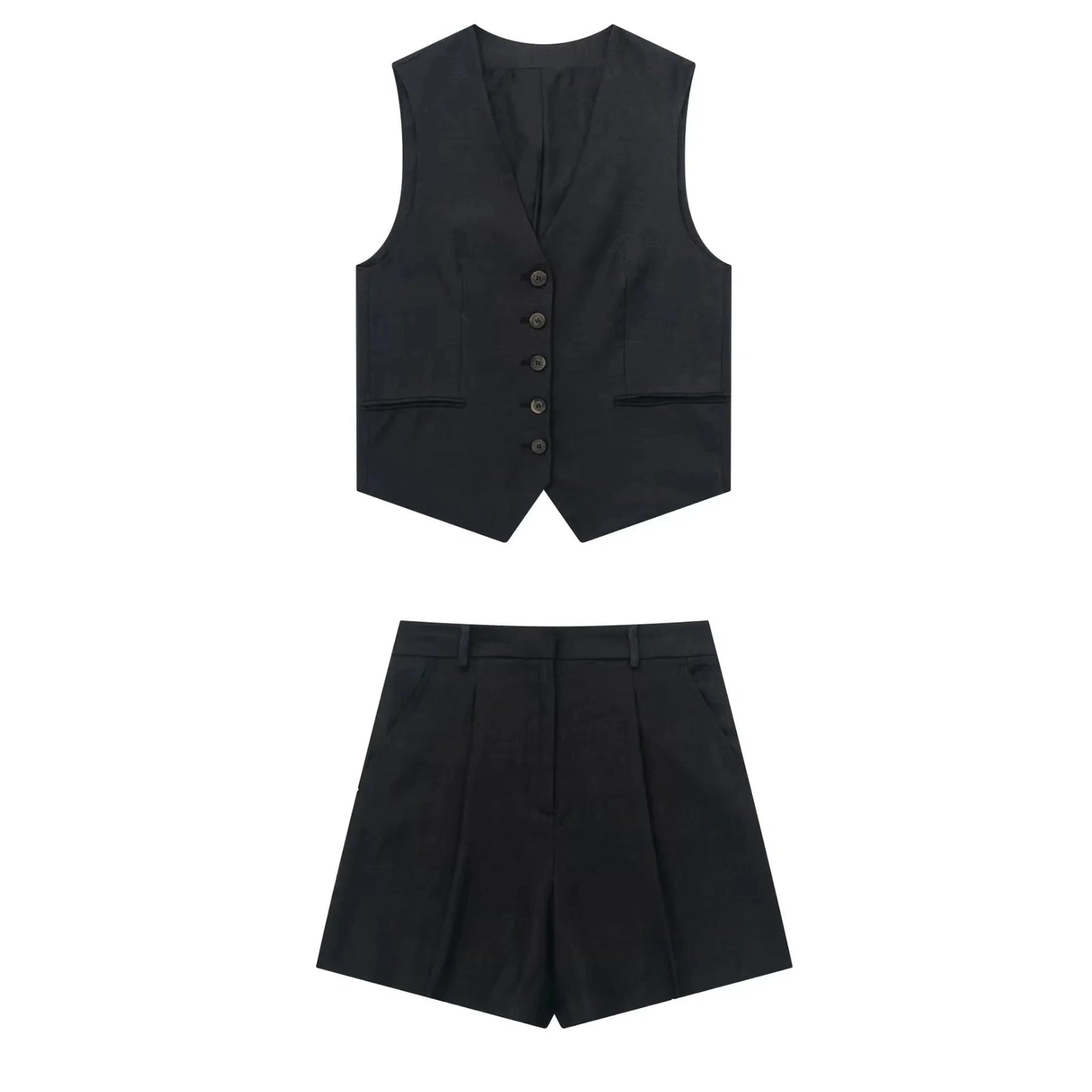 TRAFZA Women Elegant Solid Waistcoat Pant Sets Single Breasted V Neck Vest Top + High Waist Slim Shorts Lady Office Wear Suits