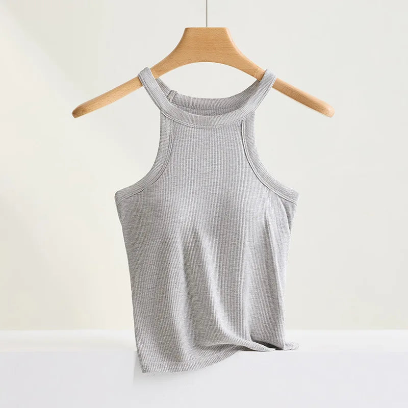 Threaded Halter Neck Camisole Top With Build-in Bra High Elastic Slim-fitting Sling Fixed Cup Breathable Women Underwear