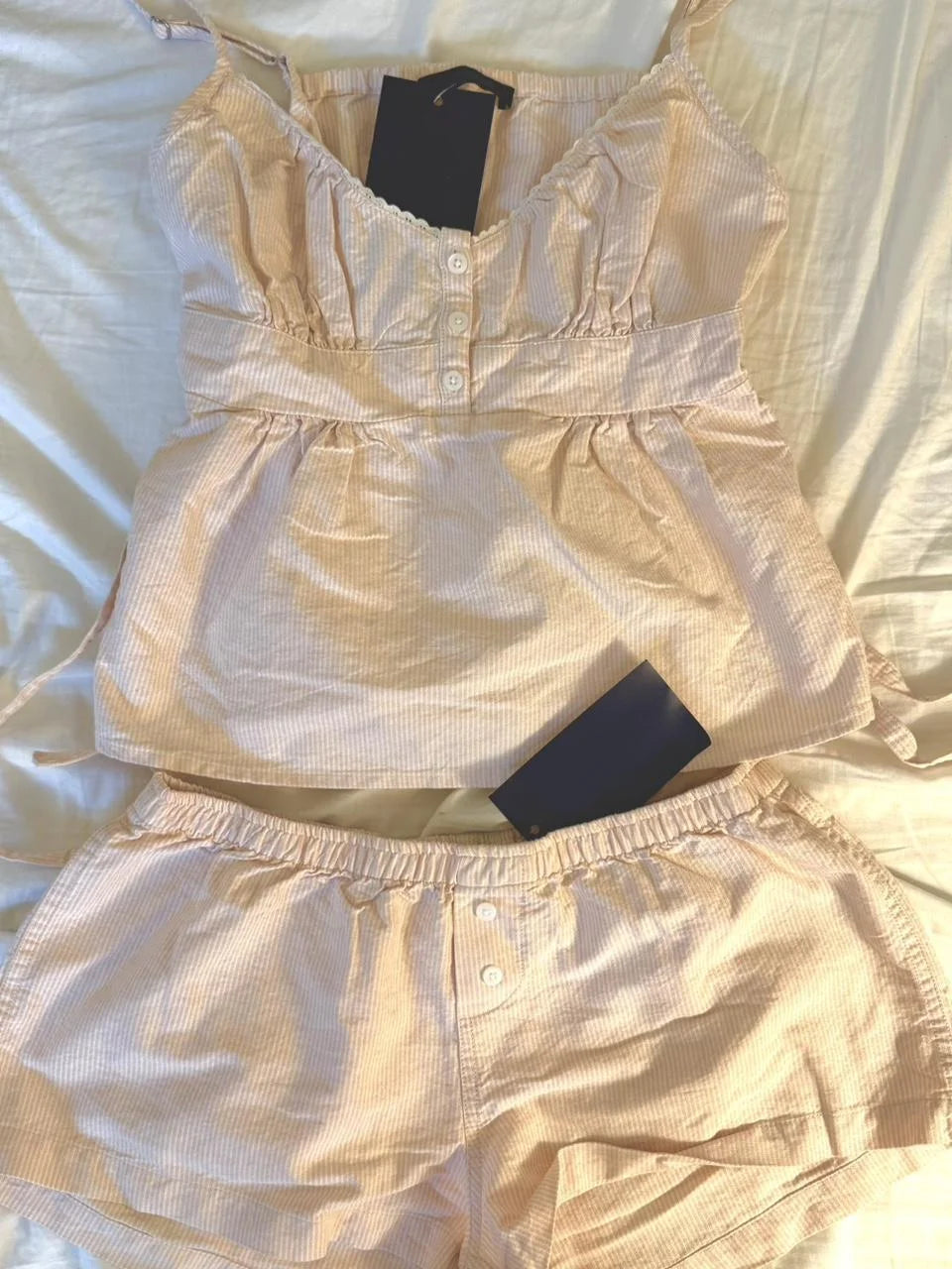 Red Plaid Buttons Tank Shorts Set Woman Back Lace-up Lace Trim Slim Camis+Elastic Waist Sweatshorts Sweet Cotton 2 Piece Sets