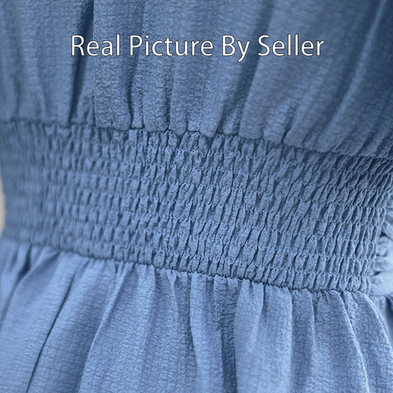 Women Ruffle Solid Pleated Long Dress Chic V Neck Short Sleeved Black Blue Lace Up Robes Summer Lady High Street Wear Holiday