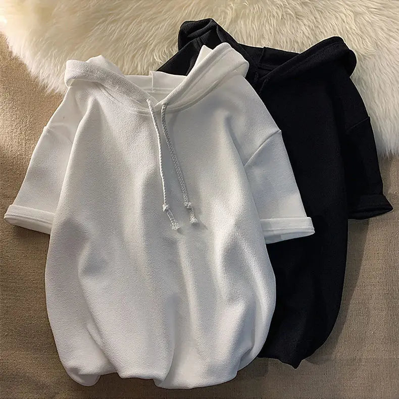 New Hooded Short-sleeved Sweatshirt for Men Summer Fashion T-shirt Mid-sleeved Trendy Teen Pullover