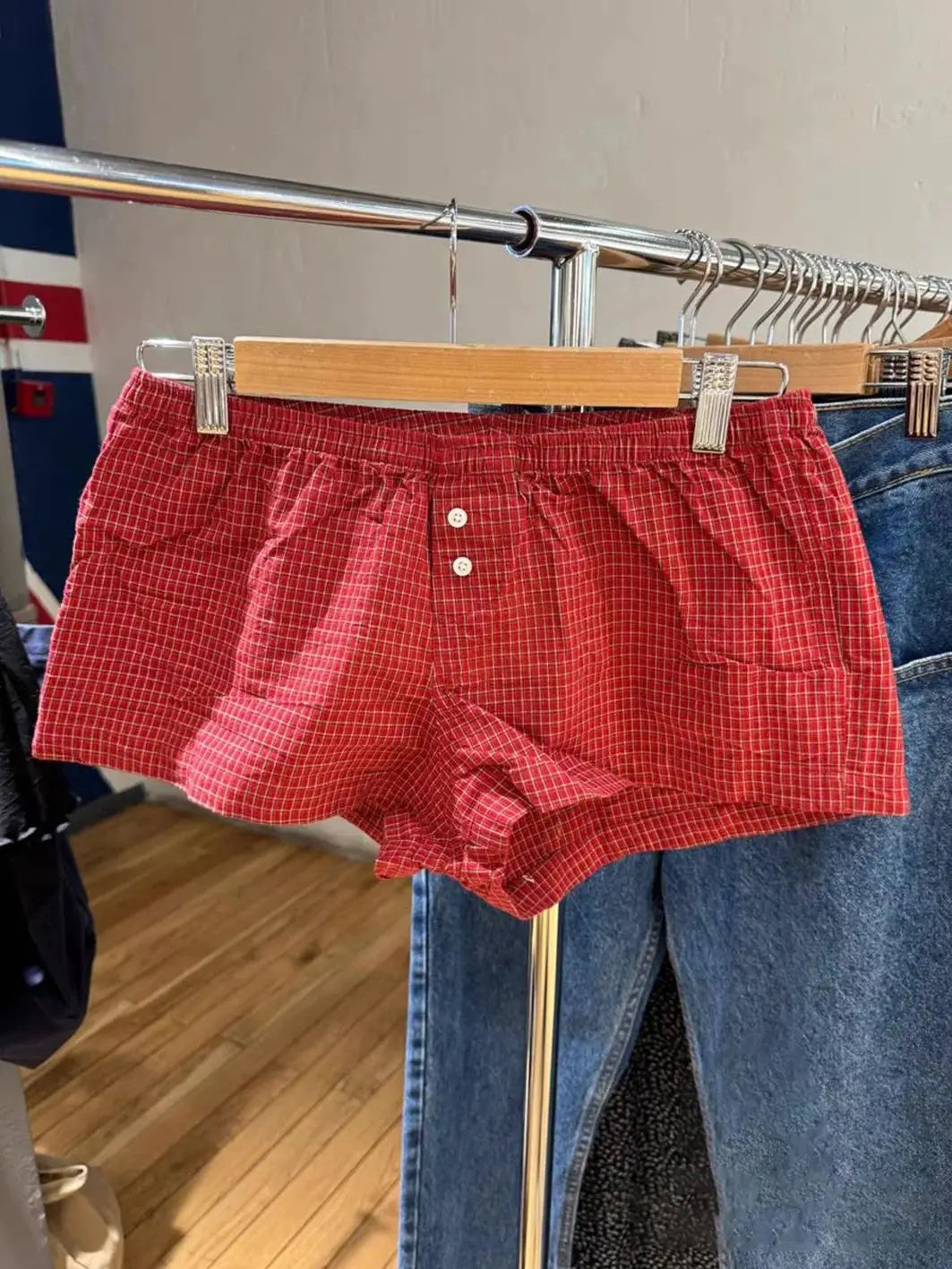 Red Plaid Buttons Tank Shorts Set Woman Back Lace-up Lace Trim Slim Camis+Elastic Waist Sweatshorts Sweet Cotton 2 Piece Sets