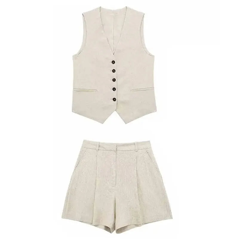 TRAFZA Women Elegant Solid Waistcoat Pant Sets Single Breasted V Neck Vest Top + High Waist Slim Shorts Lady Office Wear Suits