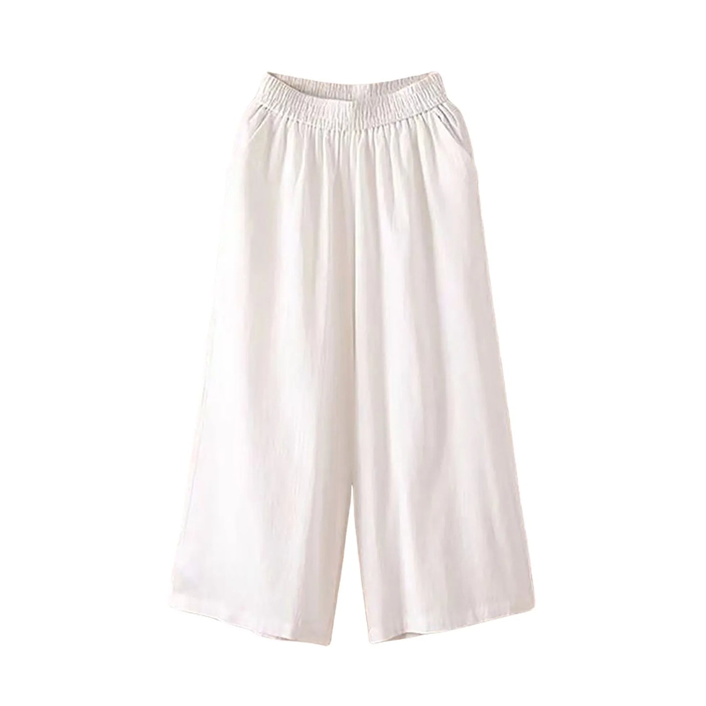 Feamle Casual and Versatile Lazy Style Wide Leg Pants With Pockets Lightweight High Waisted Loose Cropped Capris