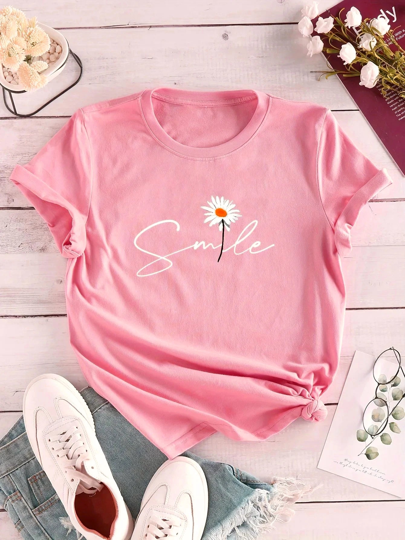 Flower & Letter Print Crew Neck T-Shirt Casual Short Sleeve T-Shirt for Summer Women's Clothing Comfortable Soft Creative Tops