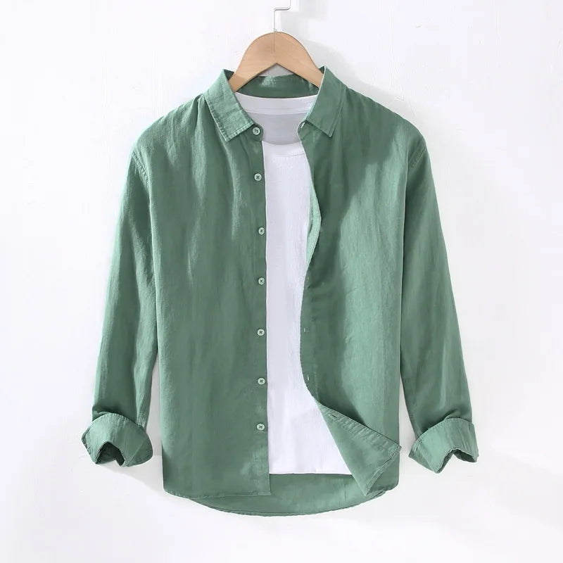 Camping Spring Summer New Linen White Long-Sleeved Shirt, Men's Cotton&Linen Shirt, Business Casual, Comfortable Loose Blouson
