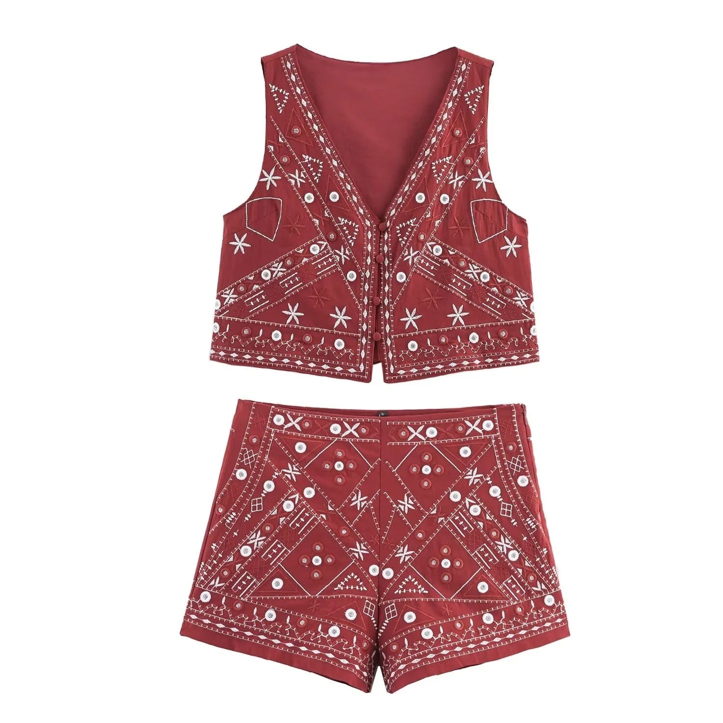 MYST&ZA2025 new summer women's casual embroidered sleeveless V-neck short vest vest top + high waist shorts