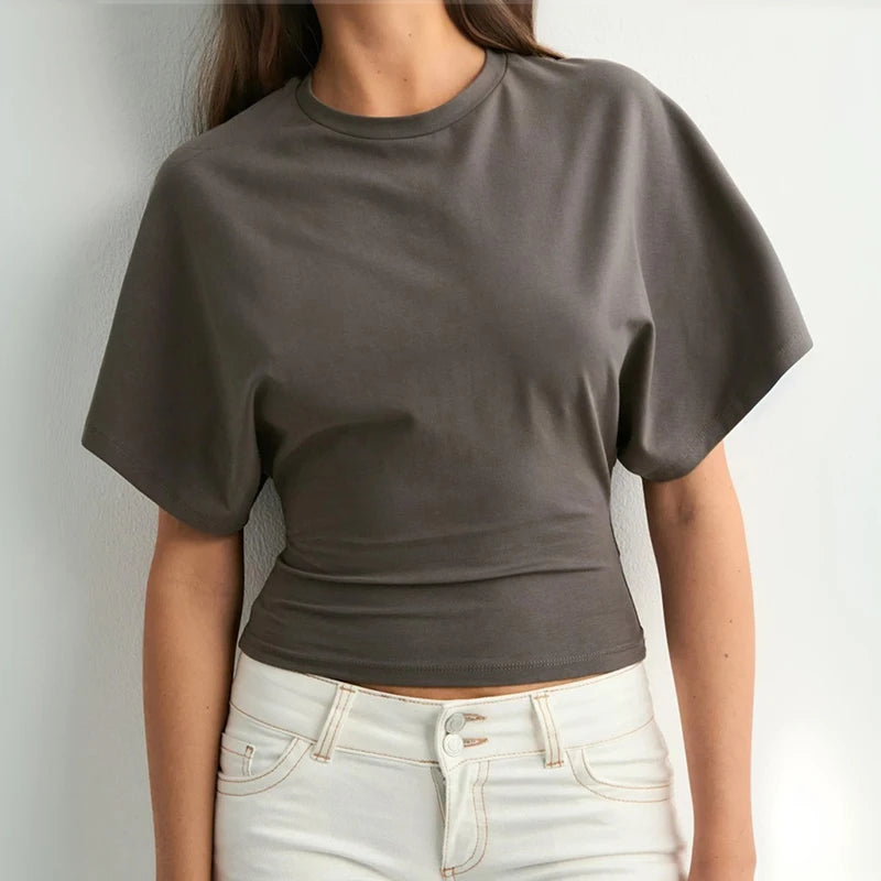 CUTENOVA Women'S Summer Loose Short-Sleeved T-Shirt Tops Waist Slimming Sweet And Hottie Design Sense Positive Shoulder Top