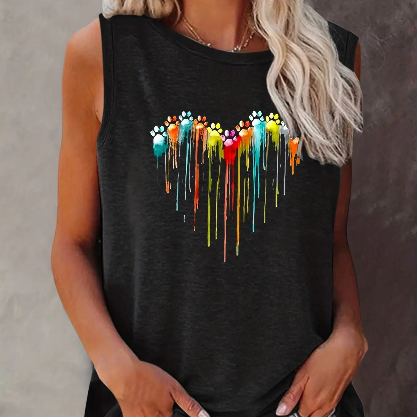 Women's Summer Colorful Paw Print Loose Size Breathable and Comfortable Sleeveless Tank Top T-shirt Summer Casual Loose