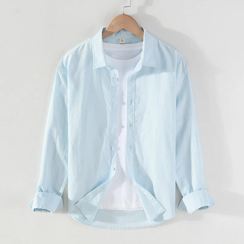 Camping Spring Summer New Linen White Long-Sleeved Shirt, Men's Cotton&Linen Shirt, Business Casual, Comfortable Loose Blouson