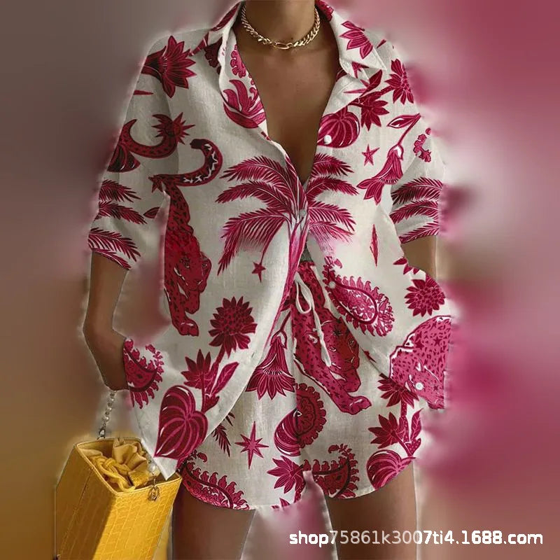 Short-sleeved Lapel Boho Shirt Top + Shorts 2-piece Set Women Fashion Spring Summer Floral Print Seaside Vacation Suit Female