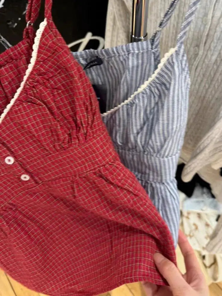 Red Plaid Buttons Tank Shorts Set Woman Back Lace-up Lace Trim Slim Camis+Elastic Waist Sweatshorts Sweet Cotton 2 Piece Sets