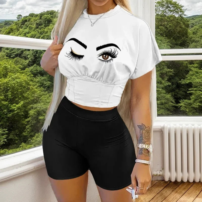 Two Piece Set Women Letter Print Short Sleeve Crop Corset T-shirt & Ladies High Waist Shorts Set Pants Outfits Plus Size