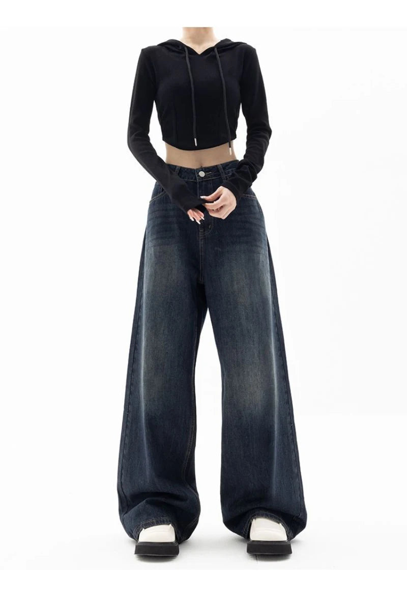Retro Street Style Wide Leg Pants Niche Design Floor Length Pants High Waisted Loose Fit Slimming Jeans For Women